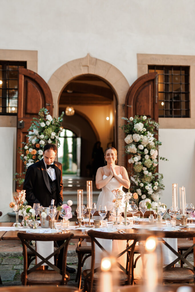 Hannah and Brandon seeing their reception table for the first time at Tenuta di Sticciano